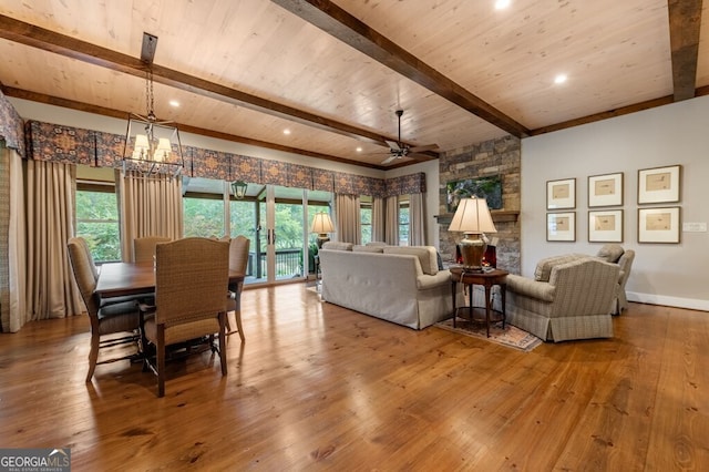 547 Toccoa River Ln, Mineral Bluff, GA 30559 - living area with wood-type flooring, ceiling fan, a chandelier, wooden ceiling with exposed beams, and baseboards