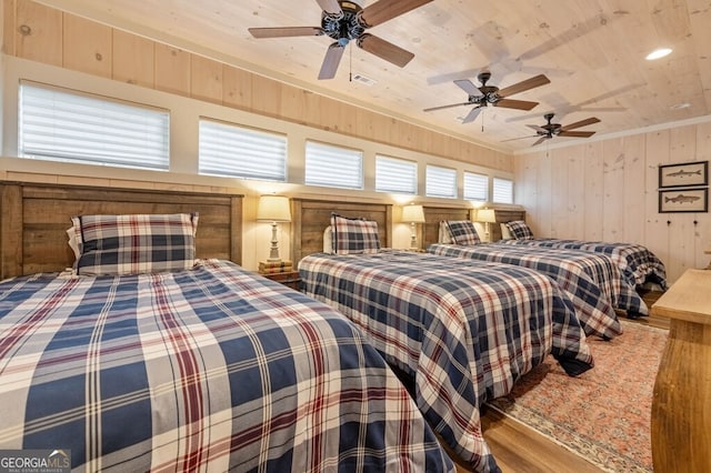 547 Toccoa River Ln, Mineral Bluff, GA 30559 - bedroom with wood finished floors, wood ceiling, wooden walls, a ceiling fan, and crown molding