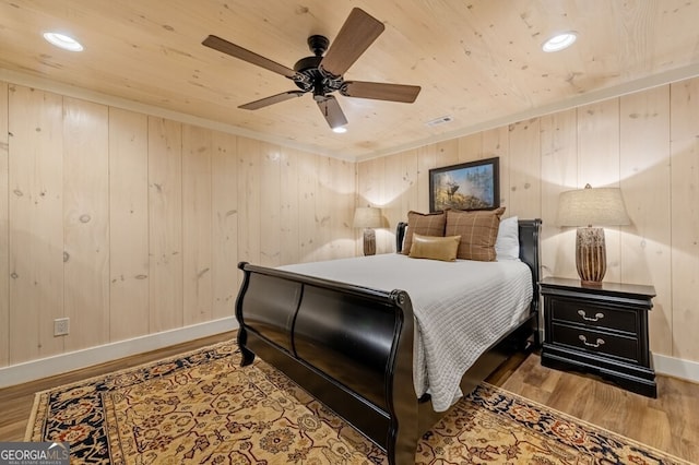 547 Toccoa River Ln, Mineral Bluff, GA 30559 - bedroom with wood finished floors, wood ceiling, baseboards, ceiling fan, and wood walls