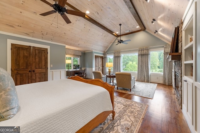 547 Toccoa River Ln, Mineral Bluff, GA 30559 - bedroom featuring hardwood / wood-style floors, a fireplace, a wainscoted wall, and wooden ceiling