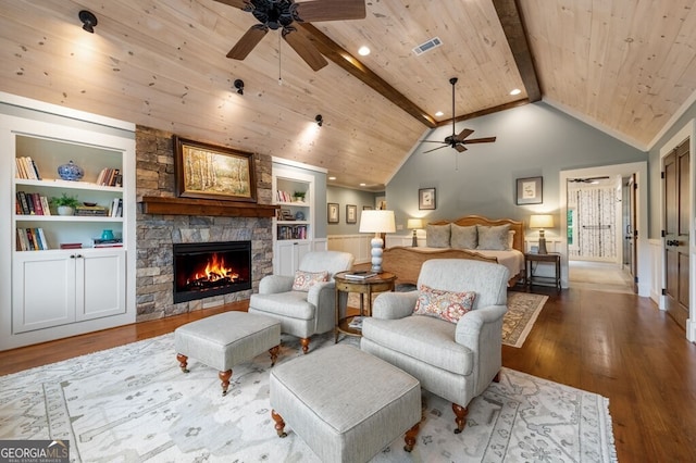 547 Toccoa River Ln, Mineral Bluff, GA 30559 - bedroom featuring wood ceiling, a fireplace, wood finished floors, recessed lighting, and wainscoting