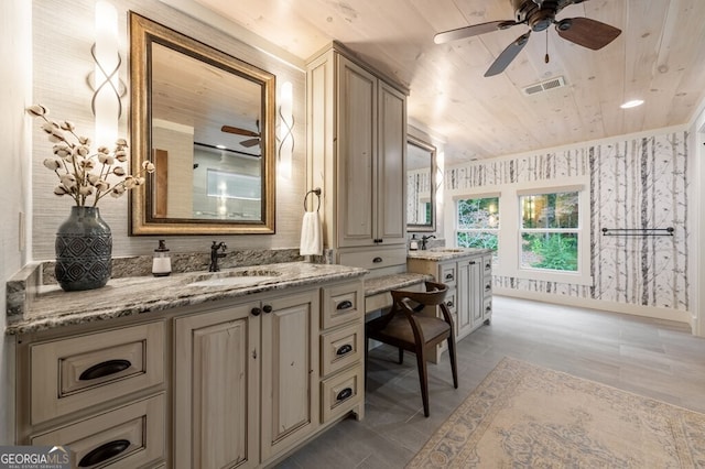547 Toccoa River Ln, Mineral Bluff, GA 30559 - bathroom featuring a ceiling fan, wallpapered walls, two vanities, and wood ceiling