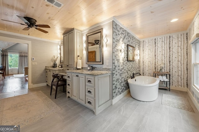 547 Toccoa River Ln, Mineral Bluff, GA 30559 - full bathroom featuring wood ceiling, wallpapered walls, ceiling fan, vanity, and a freestanding bath