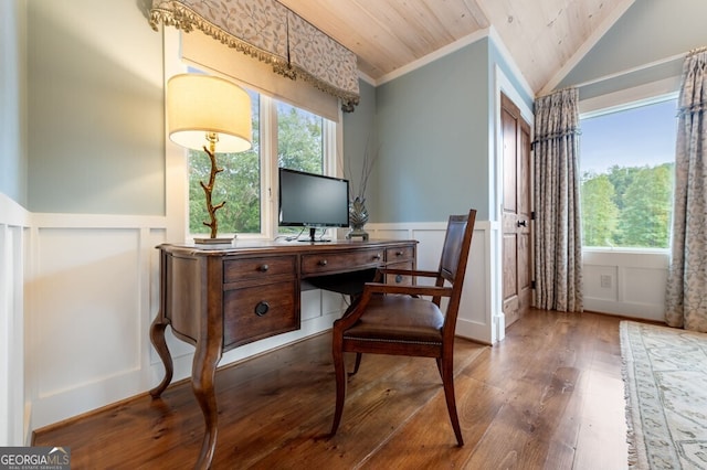 547 Toccoa River Ln, Mineral Bluff, GA 30559 - office area featuring a decorative wall, plenty of natural light, wainscoting, hardwood / wood-style floors, and crown molding