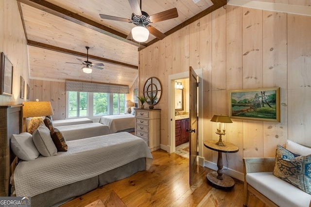 547 Toccoa River Ln, Mineral Bluff, GA 30559 - bedroom featuring hardwood / wood-style floors, wood ceiling, wooden walls, and connected bathroom