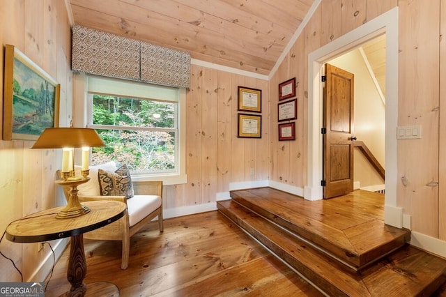 547 Toccoa River Ln, Mineral Bluff, GA 30559 - living area featuring vaulted ceiling, wood-type flooring, baseboards, wooden ceiling, and wood walls