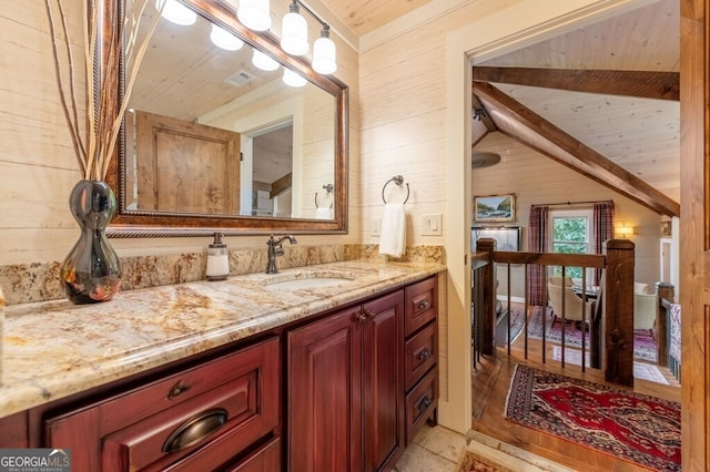 547 Toccoa River Ln, Mineral Bluff, GA 30559 - bathroom featuring wooden ceiling, wood walls, and vanity