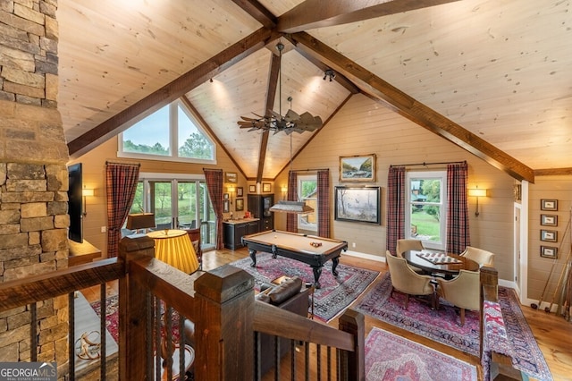 547 Toccoa River Ln, Mineral Bluff, GA 30559 - living area featuring light wood finished floors, pool table, wood ceiling, baseboards, and wood walls