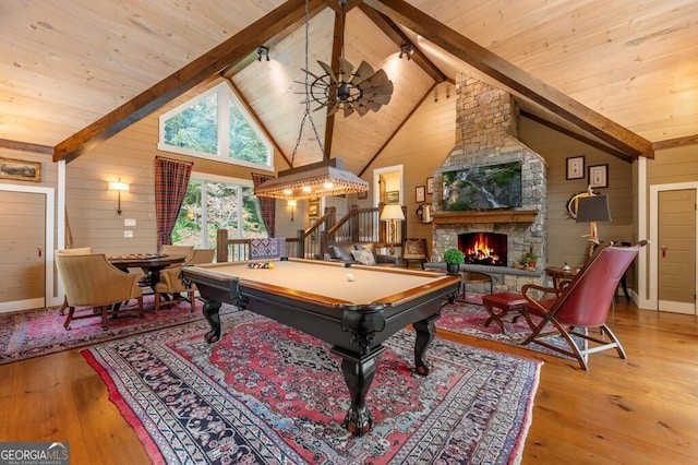 547 Toccoa River Ln, Mineral Bluff, GA 30559 - game room with wood ceiling, billiards table, a fireplace, wood walls, and hardwood / wood-style flooring