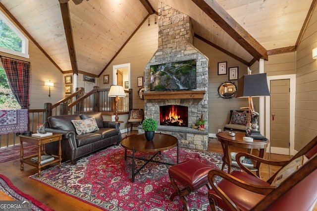 547 Toccoa River Ln, Mineral Bluff, GA 30559 - living area with wood finished floors, wooden ceiling, a fireplace, and wood walls