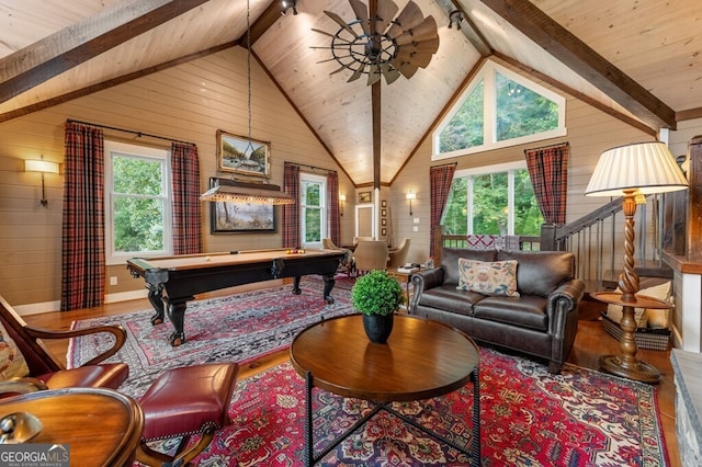 547 Toccoa River Ln, Mineral Bluff, GA 30559 - living area featuring wood finished floors, wood ceiling, ceiling fan, pool table, and wood walls