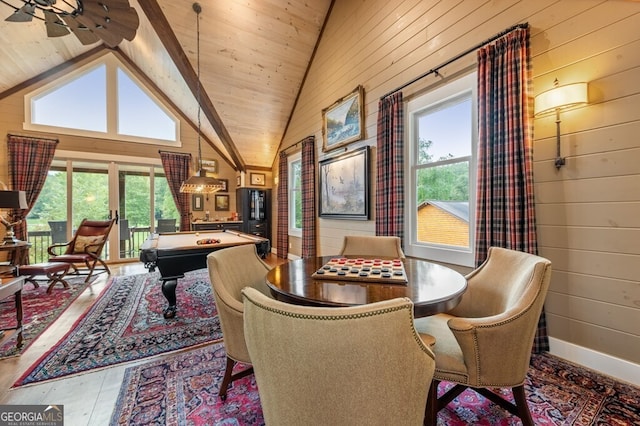 547 Toccoa River Ln, Mineral Bluff, GA 30559 - living area featuring wooden walls, pool table, high vaulted ceiling, and wood ceiling
