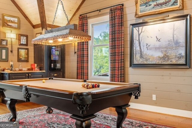 547 Toccoa River Ln, Mineral Bluff, GA 30559 - rec room with wood finished floors, vaulted ceiling, wood ceiling, wood walls, and bar