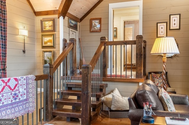 547 Toccoa River Ln, Mineral Bluff, GA 30559 - staircase featuring lofted ceiling, wood finished floors, wood walls, and wooden ceiling