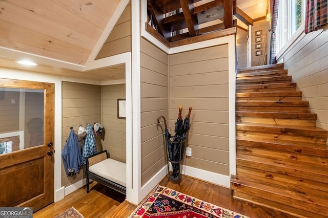 547 Toccoa River Ln, Mineral Bluff, GA 30559 - stairway featuring wood finished floors, baseboards, vaulted ceiling, wooden walls, and wood ceiling