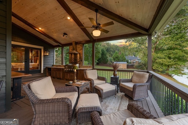 547 Toccoa River Ln, Mineral Bluff, GA 30559 - deck with a grill, french doors, a ceiling fan, and an outdoor living space