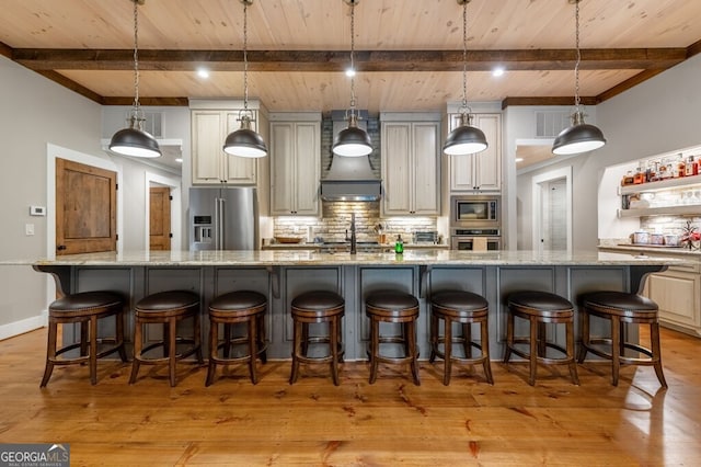 547 Toccoa River Ln, Mineral Bluff, GA 30559 - kitchen featuring appliances with stainless steel finishes, wooden ceiling with exposed beams, backsplash, light wood-type flooring, and a large island with sink