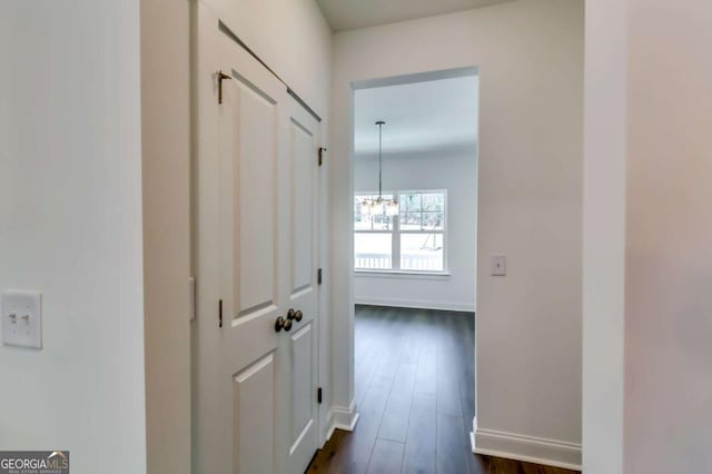 537 Principal Meridian Dr, Dallas, GA 30132 - hallway featuring baseboards, a chandelier, and dark wood-type flooring