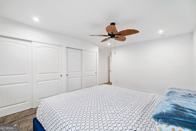 2121 Harmony Dr, Canton, GA 30115 - bedroom with two closets, recessed lighting, and ceiling fan