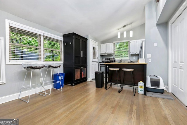 677 Holmes St NW, Atlanta, GA 30318 - kitchen featuring appliances with stainless steel finishes, under cabinet range hood, vaulted ceiling, light wood-style floors, and white cabinets