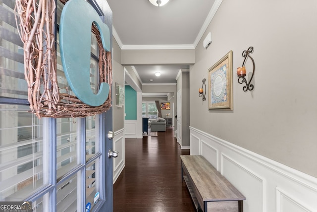 6160 Overleaf Ter, Cumming, GA 30040 - corridor featuring crown molding, a decorative wall, a wainscoted wall, and dark wood-type flooring