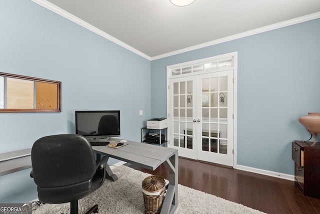 6160 Overleaf Ter, Cumming, GA 30040 - office space featuring french doors, crown molding, wood finished floors, and baseboards
