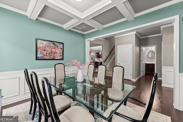 6160 Overleaf Ter, Cumming, GA 30040 - dining area featuring coffered ceiling, beamed ceiling, crown molding, dark wood-style floors, and stairway