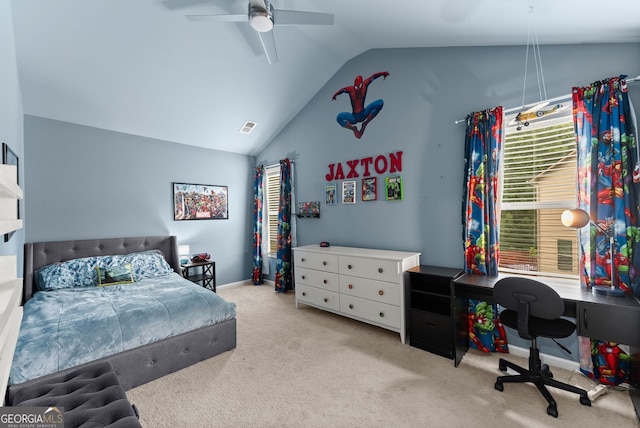 6160 Overleaf Ter, Cumming, GA 30040 - bedroom featuring vaulted ceiling, carpet floors, an office area, ceiling fan, and baseboards