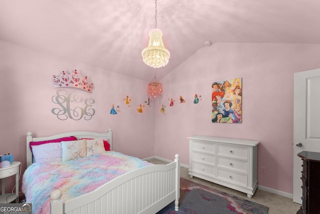 6160 Overleaf Ter, Cumming, GA 30040 - bedroom with lofted ceiling, carpet, a chandelier, and baseboards