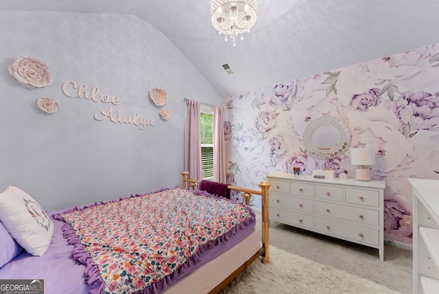 6160 Overleaf Ter, Cumming, GA 30040 - bedroom with vaulted ceiling, light carpet, and a chandelier