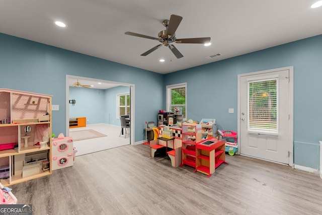 6160 Overleaf Ter, Cumming, GA 30040 - rec room featuring wood finished floors, ceiling fan, recessed lighting, and baseboards