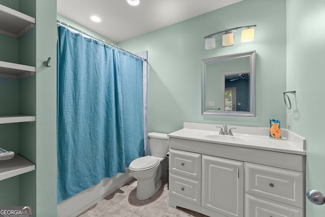 6160 Overleaf Ter, Cumming, GA 30040 - full bath with vanity, toilet, tile patterned flooring, shower / bath combo with shower curtain, and recessed lighting
