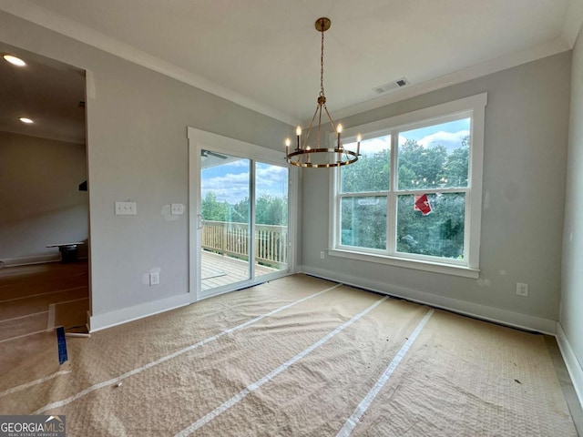 6819 Cambridge Dr, Flowery Branch, GA 30542 - unfurnished dining area with ornamental molding, baseboards, a chandelier, carpet flooring, and recessed lighting