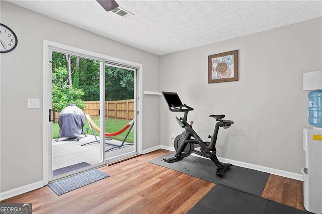 1047 Woodsong Pass Ct, Lawrenceville, GA 30043 - workout room featuring wood finished floors, baseboards, and a textured ceiling