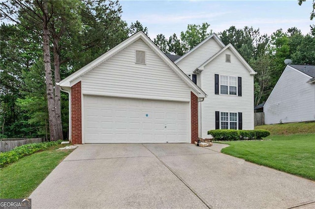 1047 Woodsong Pass Ct, Lawrenceville, GA 30043 - traditional-style home featuring concrete driveway, brick siding, a garage, and a front lawn