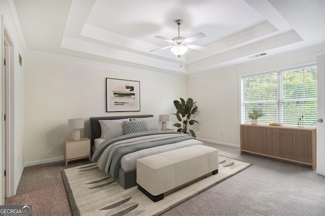 14 Mcgregor Ln, Dawsonville, GA 30534 - carpeted bedroom featuring a raised ceiling, radiator, ornamental molding, baseboards, and a ceiling fan