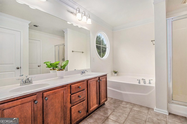 14 Mcgregor Ln, Dawsonville, GA 30534 - full bathroom with a shower stall, double vanity, a bath, crown molding, and tile patterned flooring