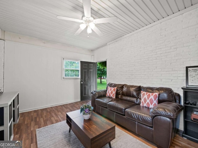 150 Archer Rd, Colbert, GA 30628 - living area with brick wall, dark wood-style flooring, and ceiling fan