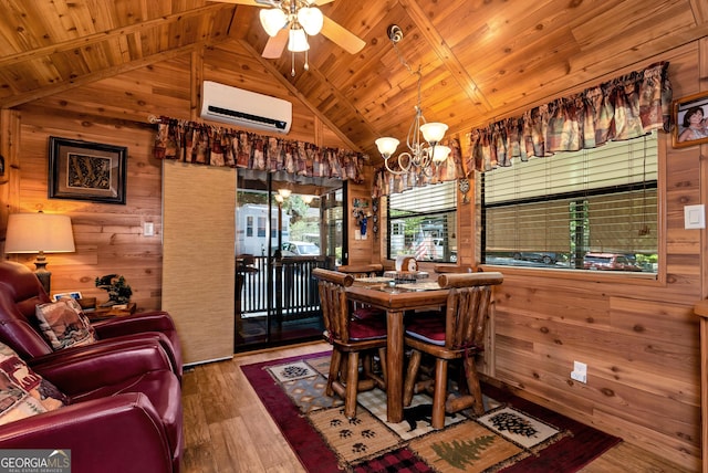 76 Hidden Valley Rd, Cleveland, GA 30528 - dining room with a wall mounted air conditioner, wood walls, wood ceiling, vaulted ceiling, and wood-type flooring