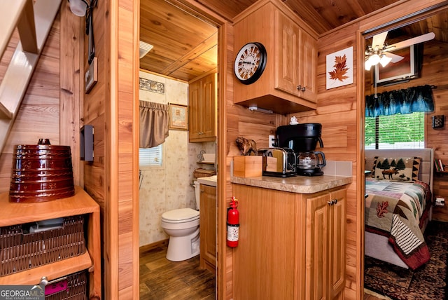 76 Hidden Valley Rd, Cleveland, GA 30528 - ensuite bathroom with wood ceiling, toilet, wood finished floors, and ceiling fan