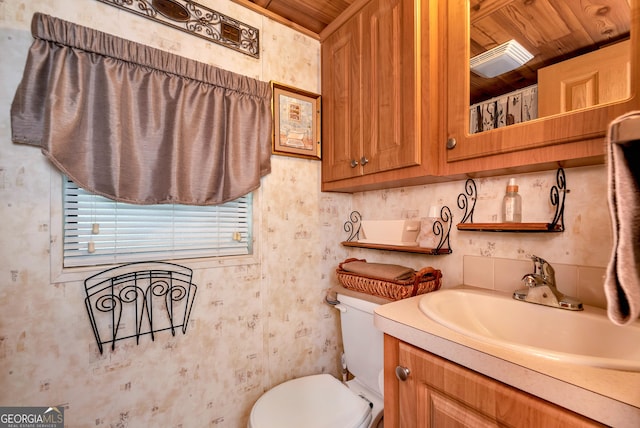 76 Hidden Valley Rd, Cleveland, GA 30528 - bathroom with toilet, wood ceiling, and vanity