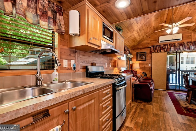 76 Hidden Valley Rd, Cleveland, GA 30528 - kitchen with stainless steel appliances, wood ceiling, a sink, a wall mounted AC, and wood walls