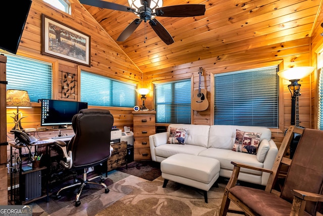 76 Hidden Valley Rd, Cleveland, GA 30528 - carpeted office featuring lofted ceiling, wooden ceiling, wooden walls, and a ceiling fan