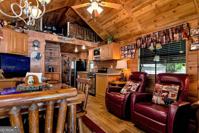 76 Hidden Valley Rd, Cleveland, GA 30528 - dining area with wooden ceiling, light wood-style floors, high vaulted ceiling, a ceiling fan, and wood walls