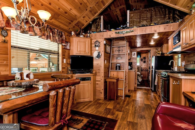 76 Hidden Valley Rd, Cleveland, GA 30528 - kitchen with dark wood-style flooring, wooden ceiling, black gas range oven, a chandelier, and wooden walls