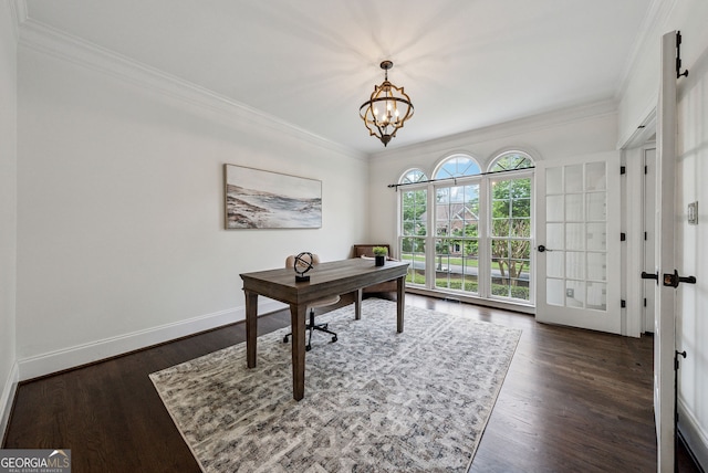 115 Hopewell Grove Dr, Milton, GA 30004 - home office with crown molding, dark wood finished floors, a chandelier, and baseboards