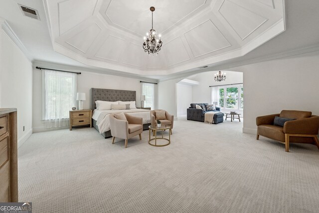 115 Hopewell Grove Dr, Milton, GA 30004 - carpeted bedroom with a chandelier, arched walkways, ornamental molding, and baseboards