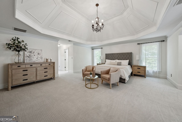 115 Hopewell Grove Dr, Milton, GA 30004 - carpeted bedroom featuring multiple windows, coffered ceiling, ornamental molding, a chandelier, and baseboards