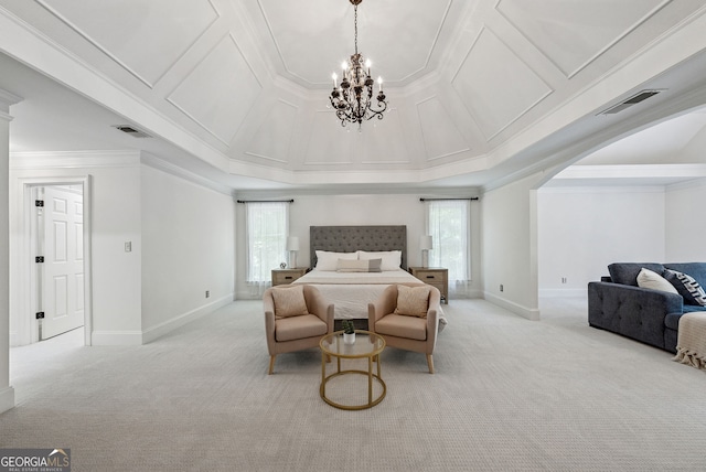 115 Hopewell Grove Dr, Milton, GA 30004 - bedroom with light carpet, multiple windows, a chandelier, ornamental molding, and coffered ceiling