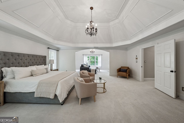 115 Hopewell Grove Dr, Milton, GA 30004 - bedroom with a chandelier, arched walkways, light carpet, ornamental molding, and baseboards
